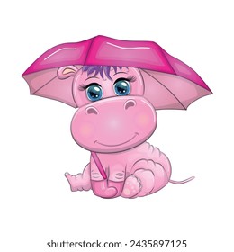 Pink hippopotamus with a red umbrella walks in the rain. Autumn is coming