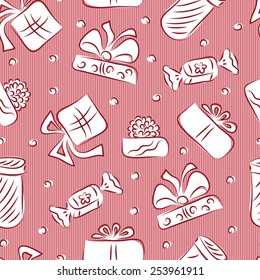 Pink holiday background. Gifts boxes seamless pattern