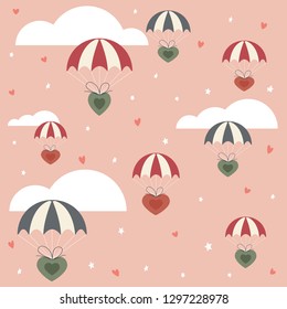 Pink holiday background. Valentines hearts flying on parachutes in the sky, illustration.