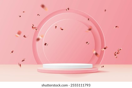 Pink holiday podium stand with falling golden confetti. Vector background with 3d circular stage for romantic and love event celebrations, products presentations or creating a festive atmosphere