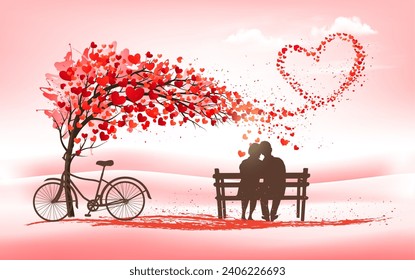 A Pink Holiday Valentine's Day background. Tree with heart-shaped leaves and bike with couple in love. Vector