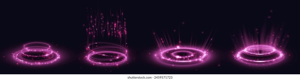 Pink hologram portals set isolated on black background. Vector realistic illustration of round light teleports with glowing mist and shimmering particles, scifi game podiums, futuristic laser rings