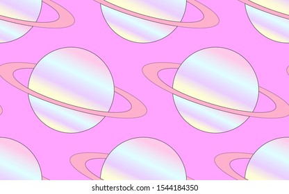 Pink holographic planet seamless pattern vector art.