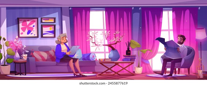 Pink home living room interior with sofa design. Couch, lamp, table furniture and hanging curtain in modern fancy apartment lounge. Reading man and woman in livingroom with purple wall graphic.