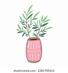 Pink home pot with green plant outline style vector illustration isolated on white background.