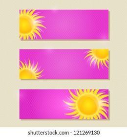 Pink Horizontal Banner or Card Set with Yellow Shiny Sun. Vector illustration