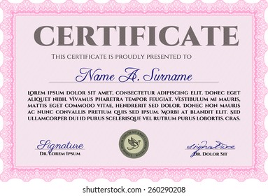 Pink horizontal certificate or diploma template.