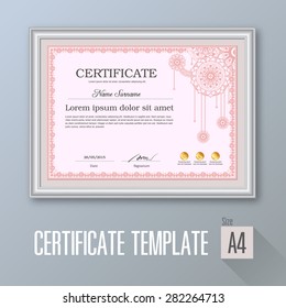 pink horizontal certificate with white frame, certificate template