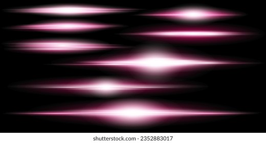Pink horizontal highlights. Laser beams, horizontal beams of light. Beautiful light flashes. Glowing stripes on a dark background. Glowing abstract sparkling background.