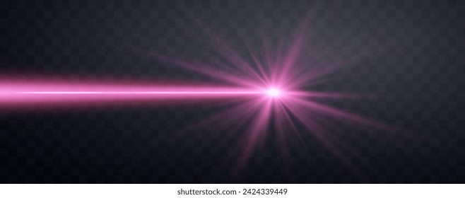 Pink horizontal laser beam. Neon line, presentation pointer. Pink glow flare light effect. Vector illustration. Isolated on dark transparent background.
