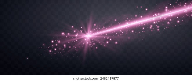 Pink horizontal laser beam. Neon line, presentation pointer. Pink glow flare light effect. Vector illustration. Isolated on dark transparent background.