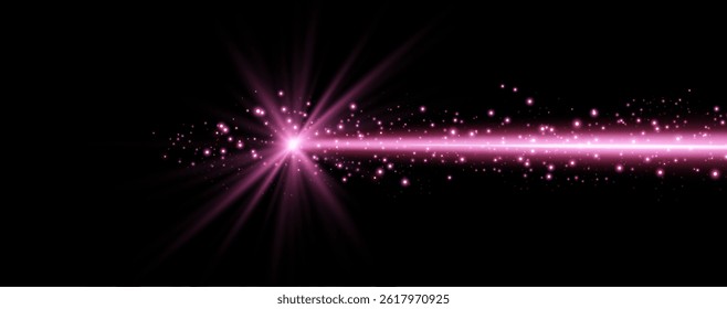 Pink horizontal laser beam. Neon line, presentation pointer. Pink glow flare light effect. Vector illustration. Isolated on dark background.