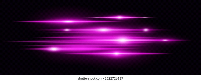 Pink horizontal lens flare neon streaks on transparent background. Futuristic abstract beams ideal for technology interfaces, banners, digital projects. EPS vector illustration.