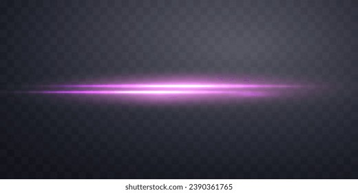 Pink horizontal lensflare. Light flash with rays spotlight. Pink glow flare light effect. Vector illustration. Isolated on dark transparent background. 