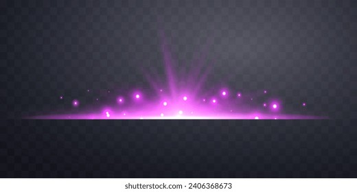 Lensflare horizontal rosa. Luminoso destello con los rayos de luz. Efecto luminoso de resplandor rosado. Ilustración vectorial. Aislado sobre fondo transparente oscuro. 