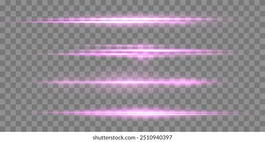 Llamarada de lente Horizontal rosa. Flash de luz con foco de rayos. Efecto de luz de destello de resplandor rosa. Ilustración vectorial. Aislado sobre fondo transparente. 