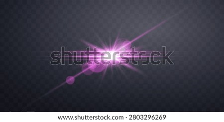 Pink horizontal lensflare. Light flash with rays spotlight. Pink glow flare light effect. Vector illustration. Isolated on dark transparent background. 