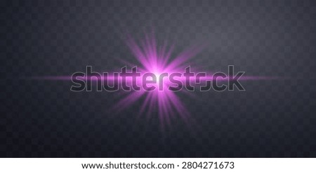 Pink horizontal lensflare. Light flash with rays spotlight. Pink glow flare light effect. Vector illustration. Isolated on dark transparent background. 