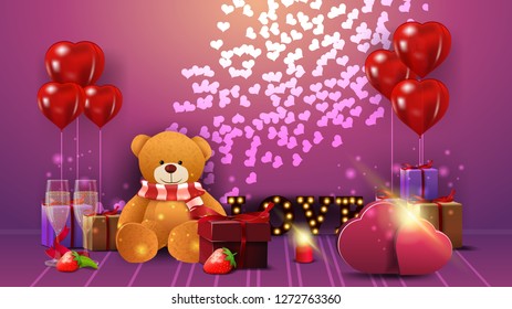 Pink horizontal Valentine's Day greeting card with gifts, glasses of champagne, balloon and Teddy beer