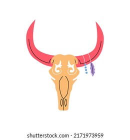 Pink horn animal skull with flower ornament, feathers. Cowboy western, wild west. Boho style mystical buffalo, ram head with horns. Santa Muerte Carnival. Occult witchcraft flat vector illustration.