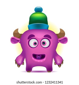 Pink horned monster in a green hat with a pompon. Figure on a white background.
