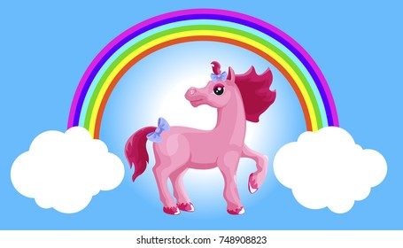 Pink horse in the arch of the rainbow and clouds on a blue background. Vector