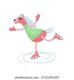 Caballo rosado en patines. Linda ilustración festiva. Personaje de vacaciones juguetón en estilo plano, perfecto para Navidades, año Nuevo, celebraciones, tarjetas y diseños infantiles.