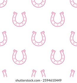 Pink horseshoe pattern with star details on a white background seamless design for fabric wallpaper or gift wrap.