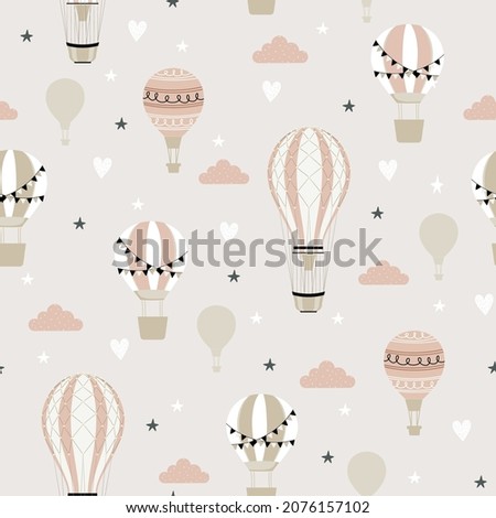 Pink hot air ballon and clouds seamless childish pattern. Hand drawn repeat pattern for wrapping, fabrik, textile or paper projects. Vector illustration.   