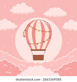 Pink hot air balloon in the clouds in cartoon style. Flat vector illustration.