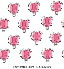 Pink hot air balloon with flowers. Vector seamless pattern in Doodle style. 