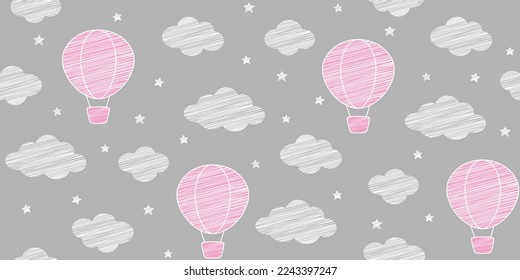 Pink hot air balloons with linear texture, white clouds and stars on a gray background. Endless texture with aerostat in the sky. Vector seamless pattern for giftwrap, wrapping paper, surface texture