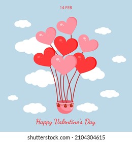 Pink hot air balloons in the shape of hearts for valentine's day for postcard, textile, decor, poster. Vector illustration. Greeting card.