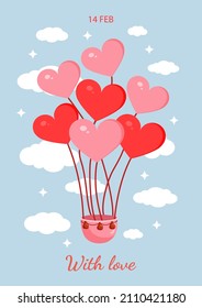 Pink hot air balloons in the shape of hearts for valentine's day for postcard, textile, decor, poster. Vector illustration. Greeting card.