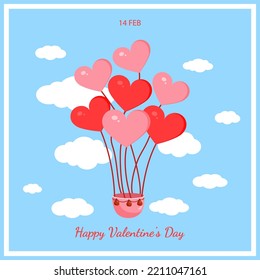 Pink hot air balloons in the shape of hearts for valentine's day for postcard, textile, decor, poster. Vector illustration. Greeting card.