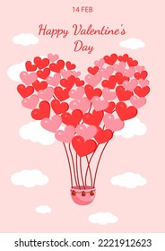 Pink hot air balloons in the shape of hearts for valentine's day for postcard, textile, decor, poster. Vector illustration. Greeting card.
