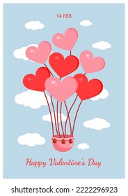 Pink hot air balloons in the shape of hearts for valentine's day for postcard, textile, decor, poster. Vector illustration. Greeting card.