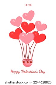 Pink hot air balloons in the shape of hearts for valentine's day for postcard, textile, decor, poster. Vector illustration. Greeting card.