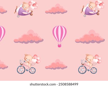 Pink hot air baloon,clouds,bicyle and planes with pink background.