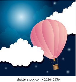 pink hot balloon at night with clouds. vector illustration