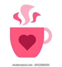 Bebida caliente rosa barbilla de cerámica pegatina LGBTQ. Fiesta romántica de té festivo en un ambiente acogedor. Icono de vector de San Valentín plano de color rosa simple aislado en fondo blanco