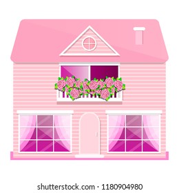 Pink house with balcony and roses vector illustration