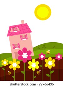 Pink house behind spring flowers