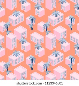 Pink house blocks seaside seamless vector pattern. Seaside town with palms on roofs pink background.