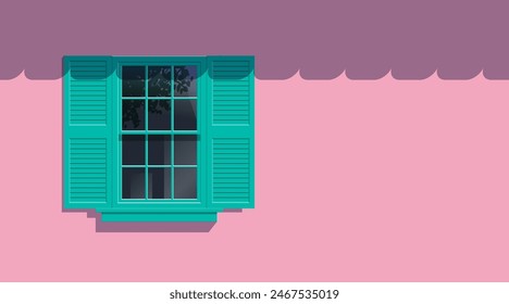 pink house facade green window with shutters  european style exterior  vector illustration