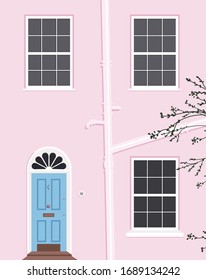 Pink house facade. Main house entrance. Modern outdoor design. London style property. Trendy hand drawn vector illustration of a peach colour house with a light blue door. Tree branches on a side.