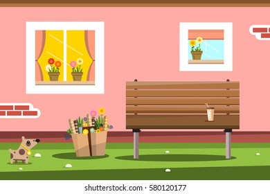 Pink House Facade with Windows and Bench