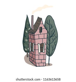 Pink house and green trees. Vector hand drawn illustration. 