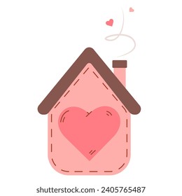 pink house with a heart instead of windows. Little hearts fly out of the chimney.