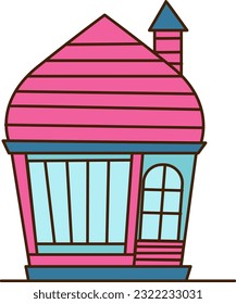 Pink house icon. Comfortable and cozy house, real estate. Urban or rural architecture. Modern city or village. Graphic element for printing on childrens clothing. Cartoon flat vector. 3D Illustration